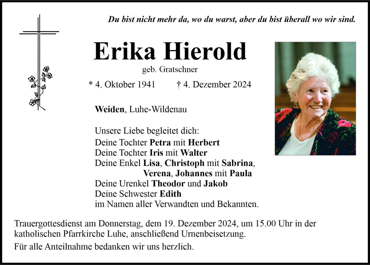 Traueranzeige Erika Hierold, Weiden