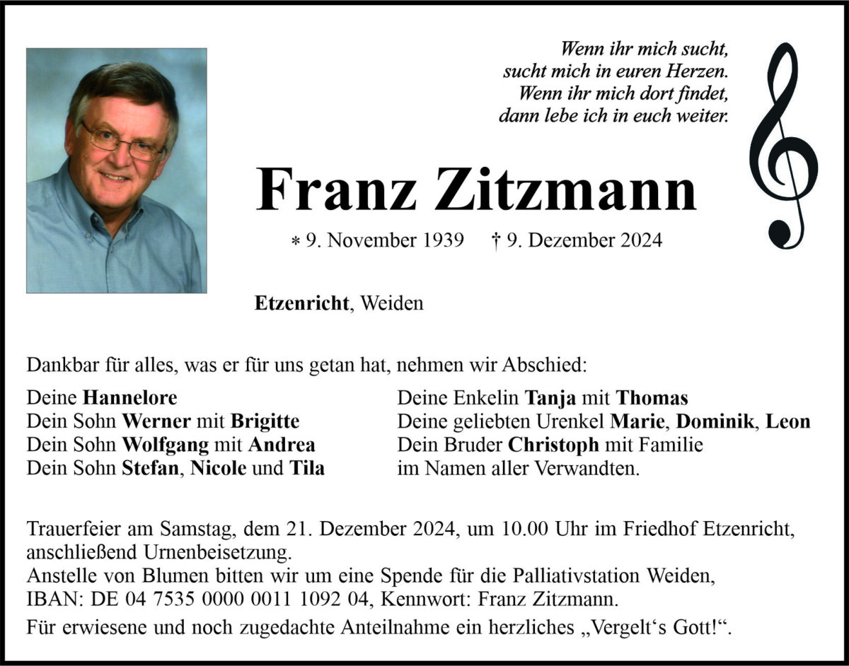 Traueranzeige Franz Zitzmann, Etzenricht