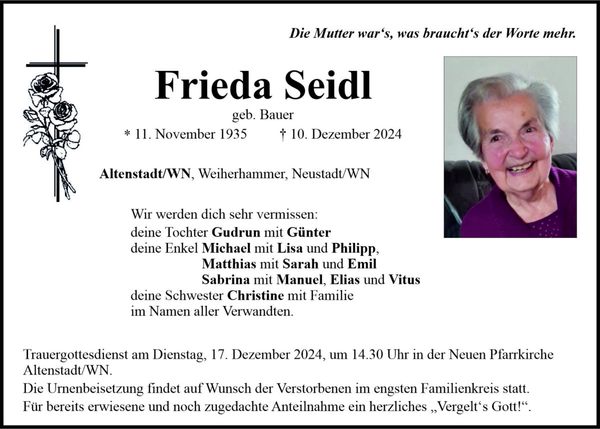 Traueranzeige Frieda Seidl, Altenstadt/WN