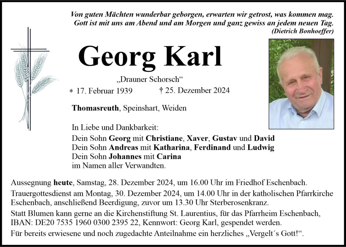 Traueranzeige Georg Karl, Thomasreuth