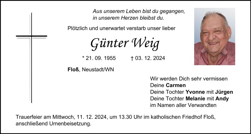 Traueranzeige Günter Weig, Floß