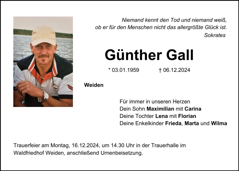 Traueranzeige Günther Gall, Weiden