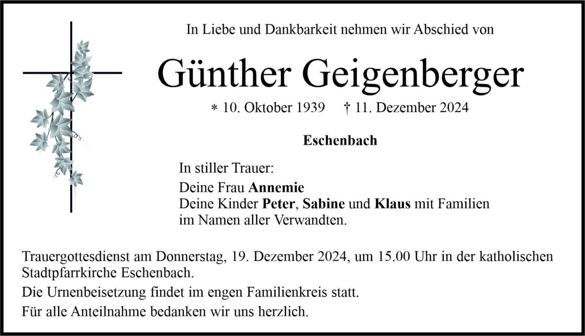 Traueranzeige Günther Geigenberger, Eschenbach