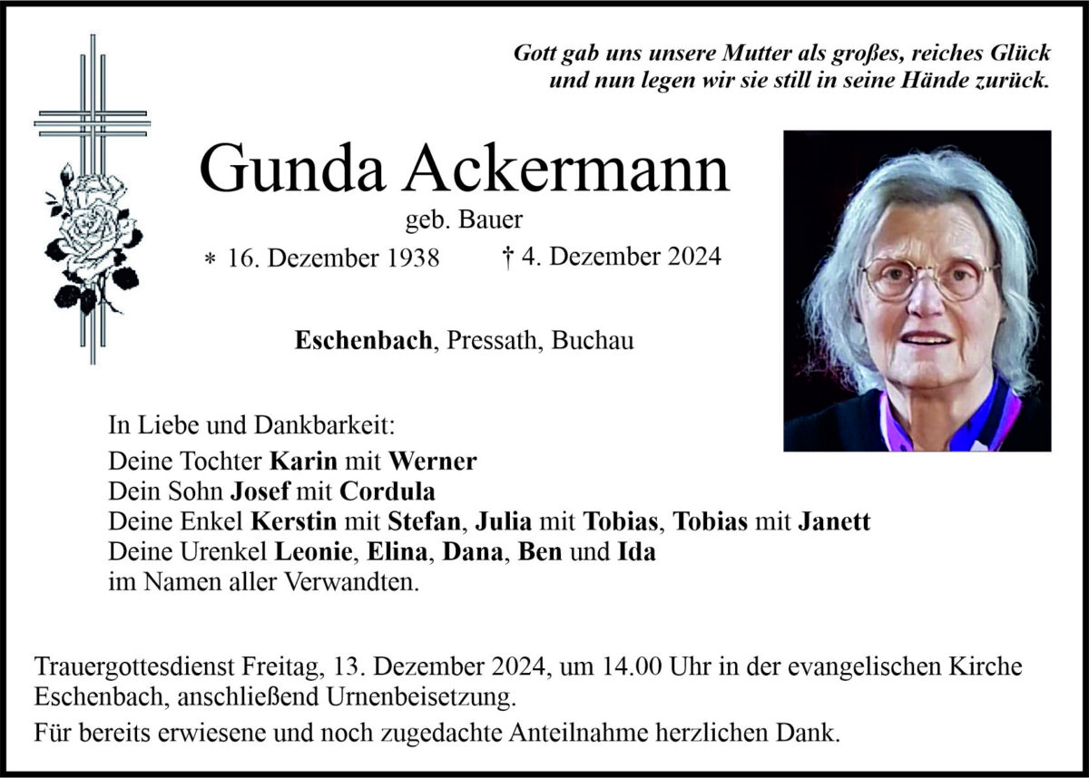 Traueranzeige Gunda Ackermann, Eschenbach