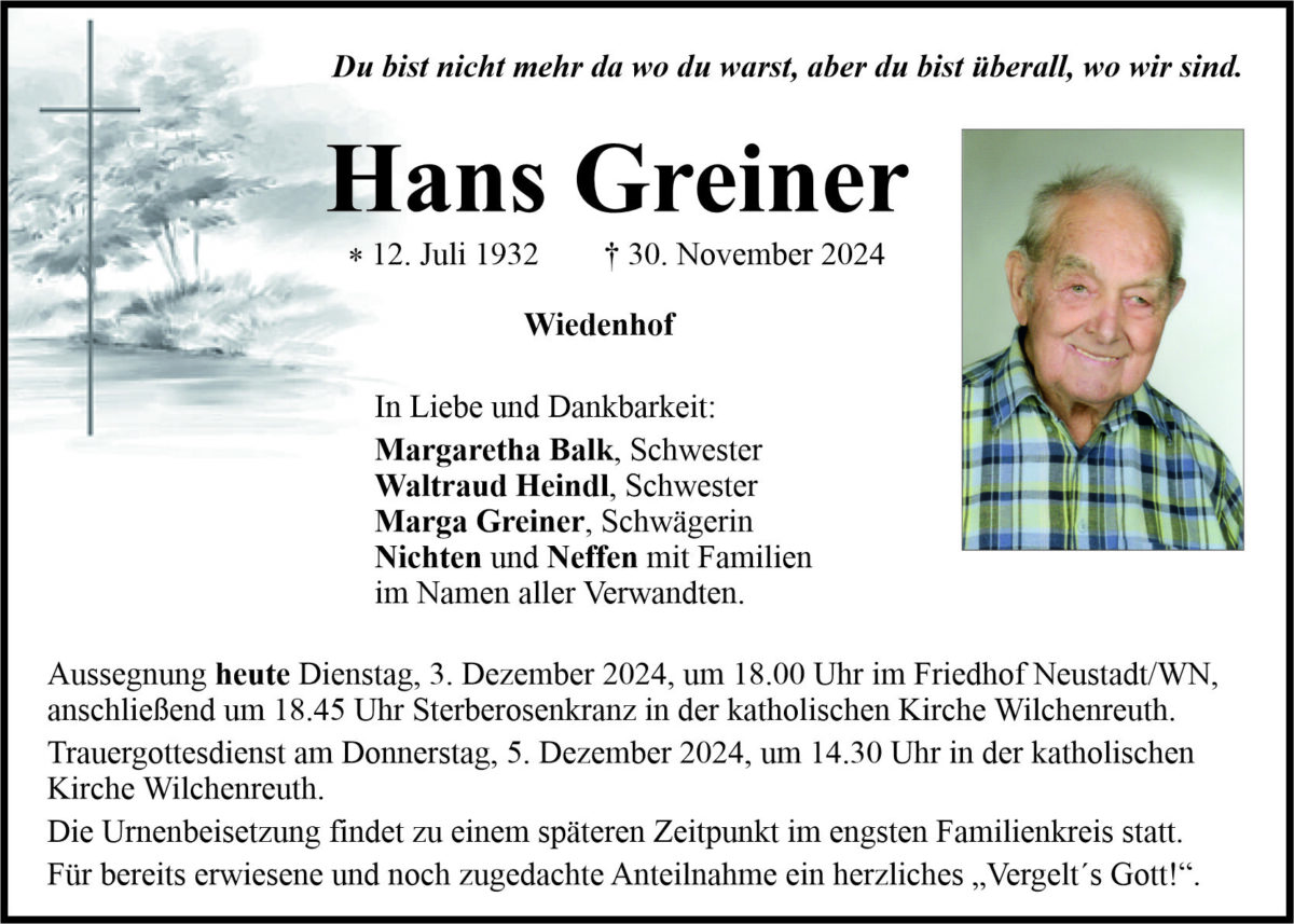 Traueranzeige Hans Greiner, Wiedenhof