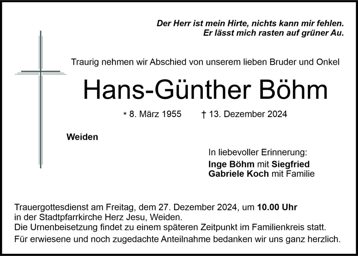Traueranzeige Hans-Günther Böhm, Weiden