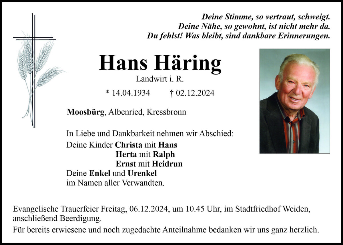 Traueranzeige Hans Häring, Moosbürg