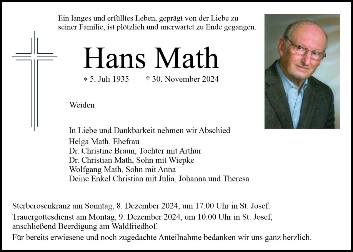 Traueranzeige Hans Math, Weiden