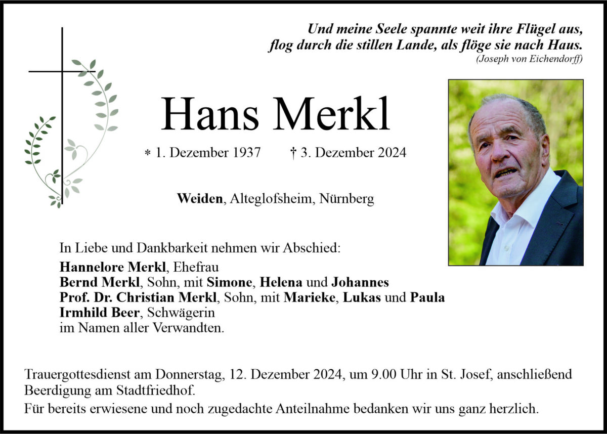 Traueranzeige Hans Merkl, Weiden
