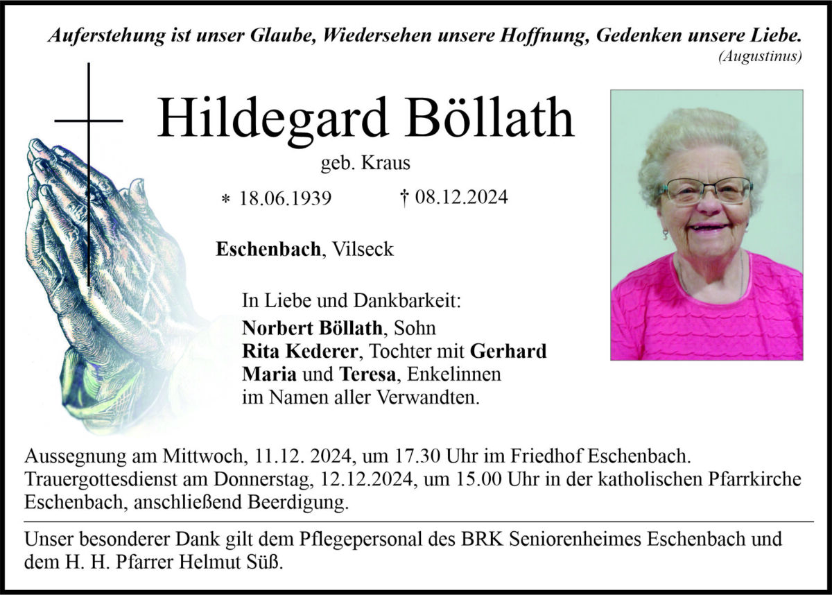 Traueranzeige Hildegard Böllath, Eschenbach