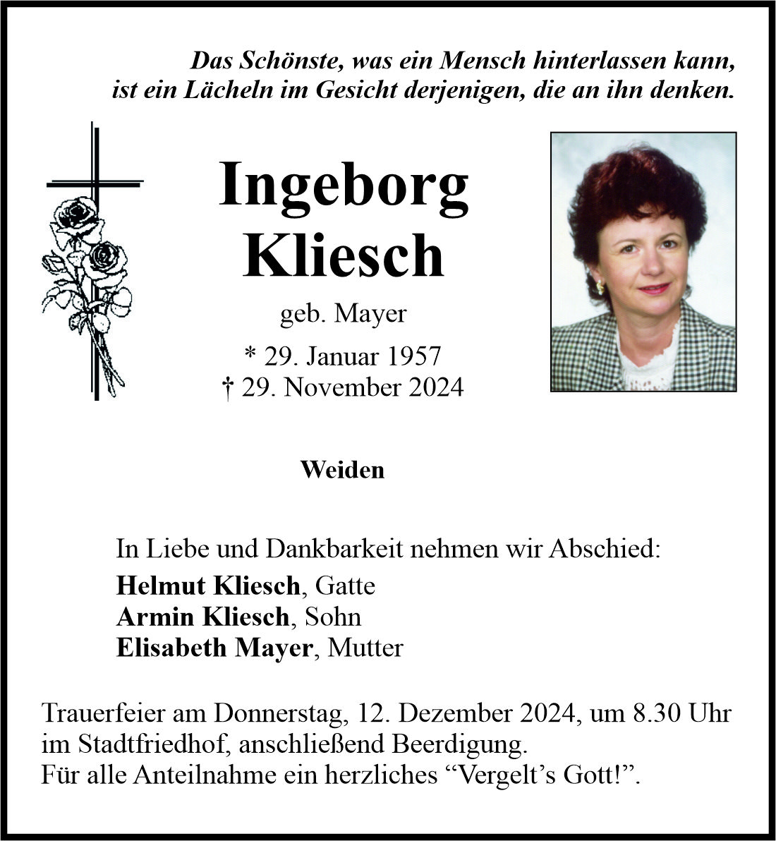 TA Kliesch Ingeborg, ET: Samstag, 07.12.2024