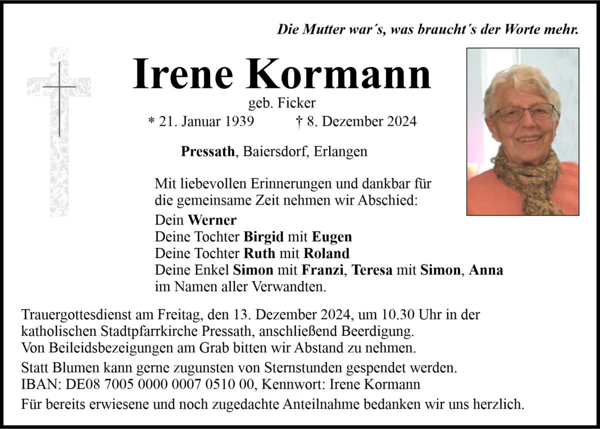 Traueranzeige Irene Kormann, Pressath