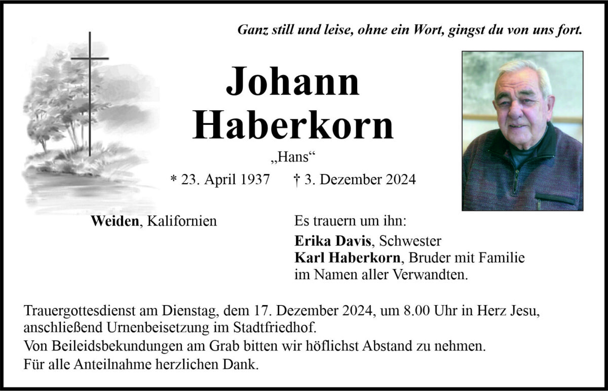 Traueranzeige Johann Haberkorn, Weiden