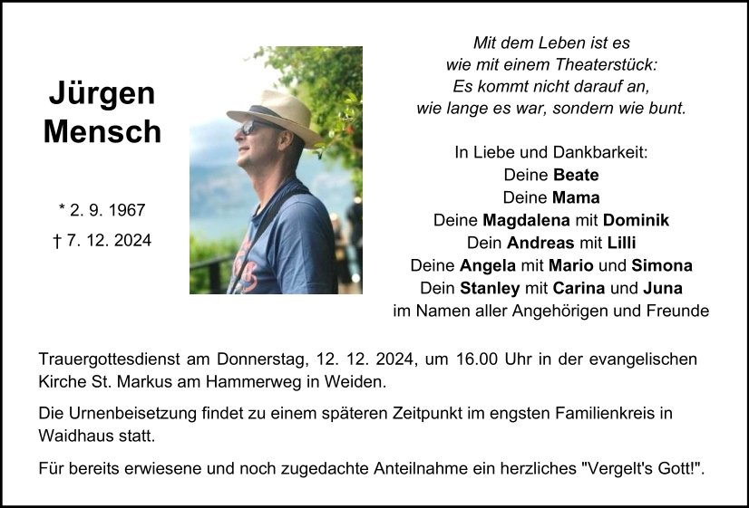 Traueranzeige Jürgen Mensch, Weiden