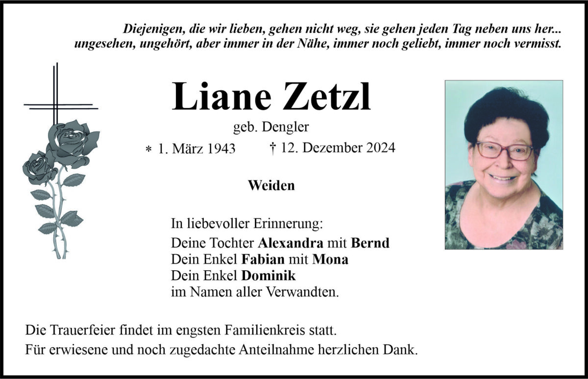 Traueranzeige Liane Zetzl, Weiden
