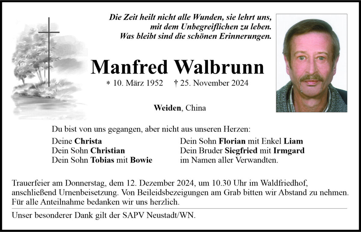Traueranzeige Manfred Walbrunn, Weiden