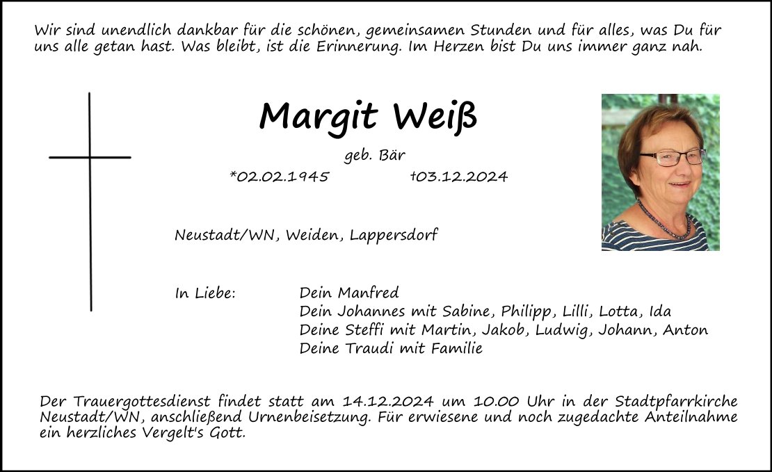 Traueranzeige Margit Weiß, Neustadt/WN