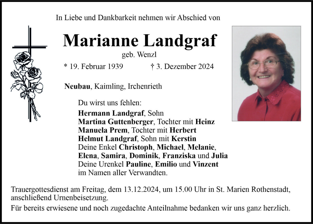 Traueranzeige Marianne Landgraf, Neubau