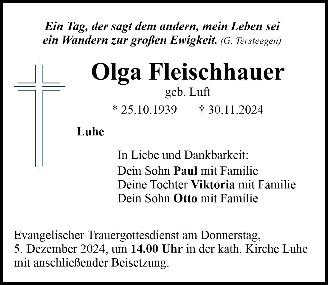 Traueranzeige Olga Fleischhauer, Luhe