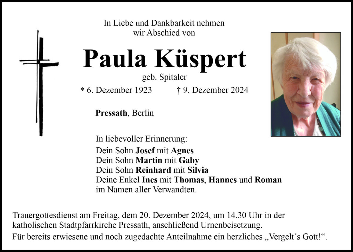 Traueranzeige Paula Küspert, Pressath