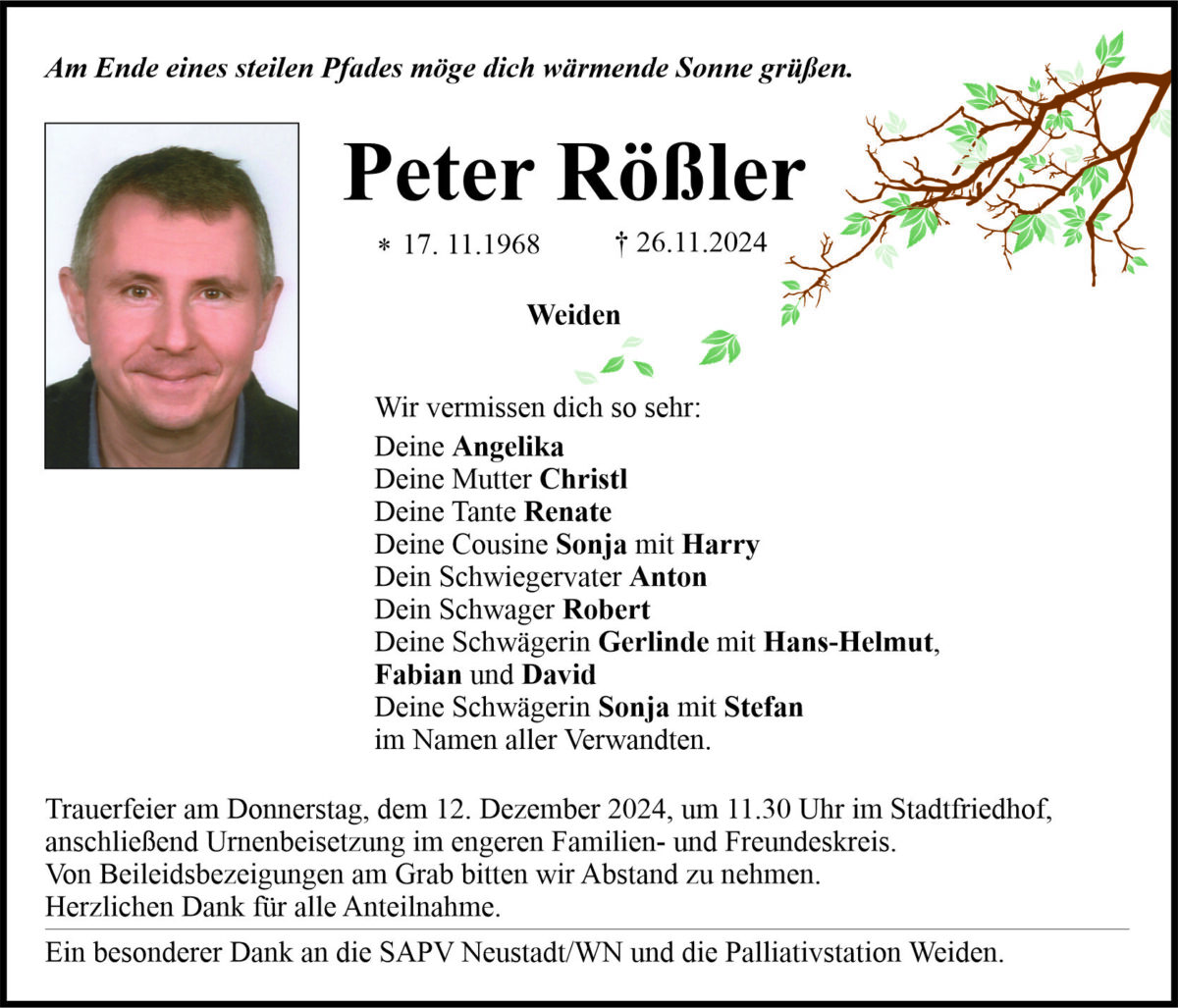 Traueranzeige Peter Rößler, Weiden