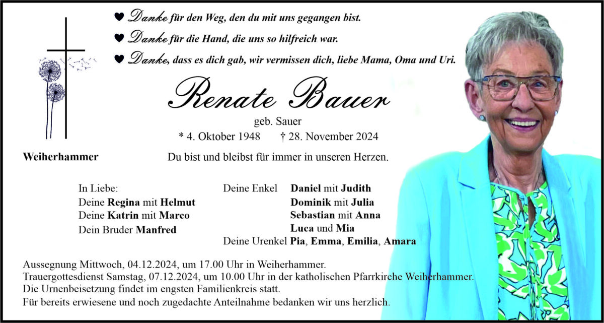 Traueranzeige Renate Bauer, Weiherhammer