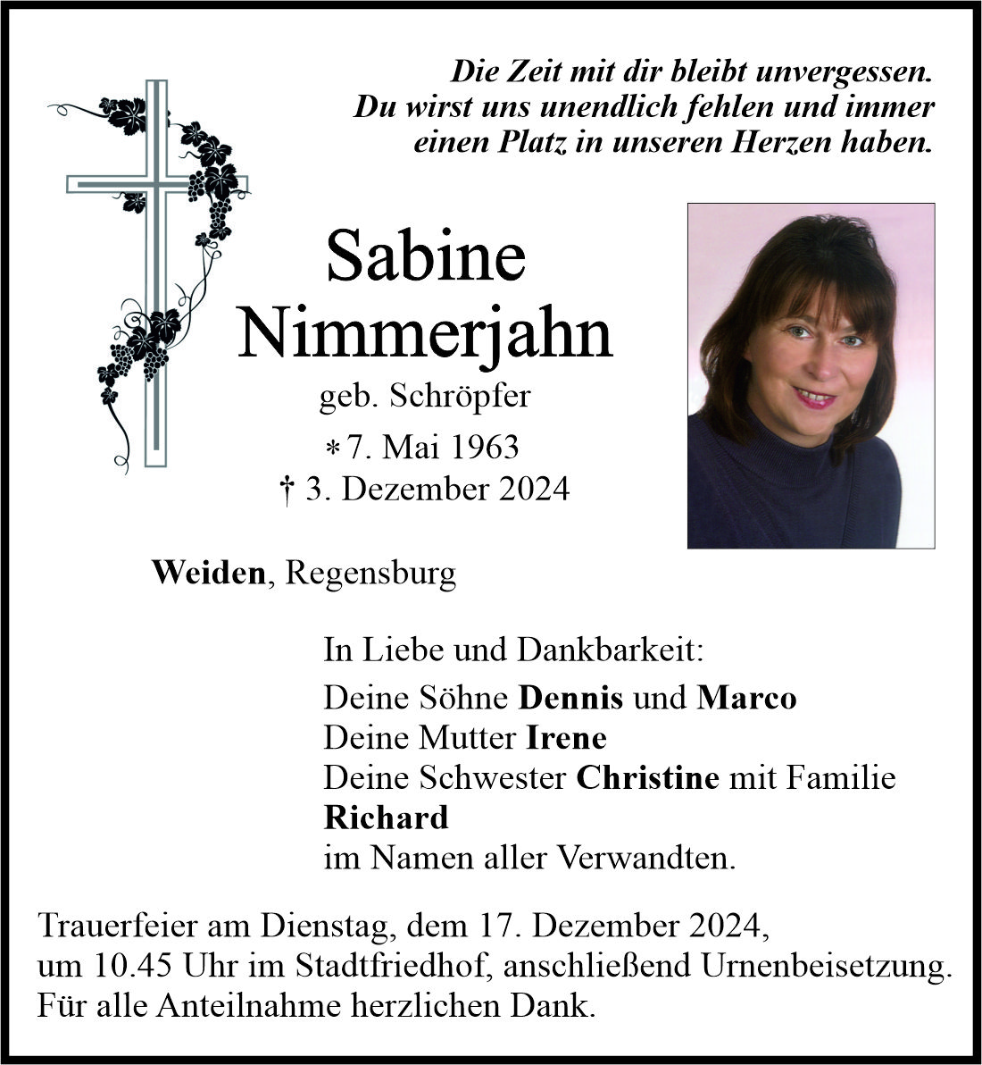 Traueranzeige Sabine Nimmerjahn, Weiden