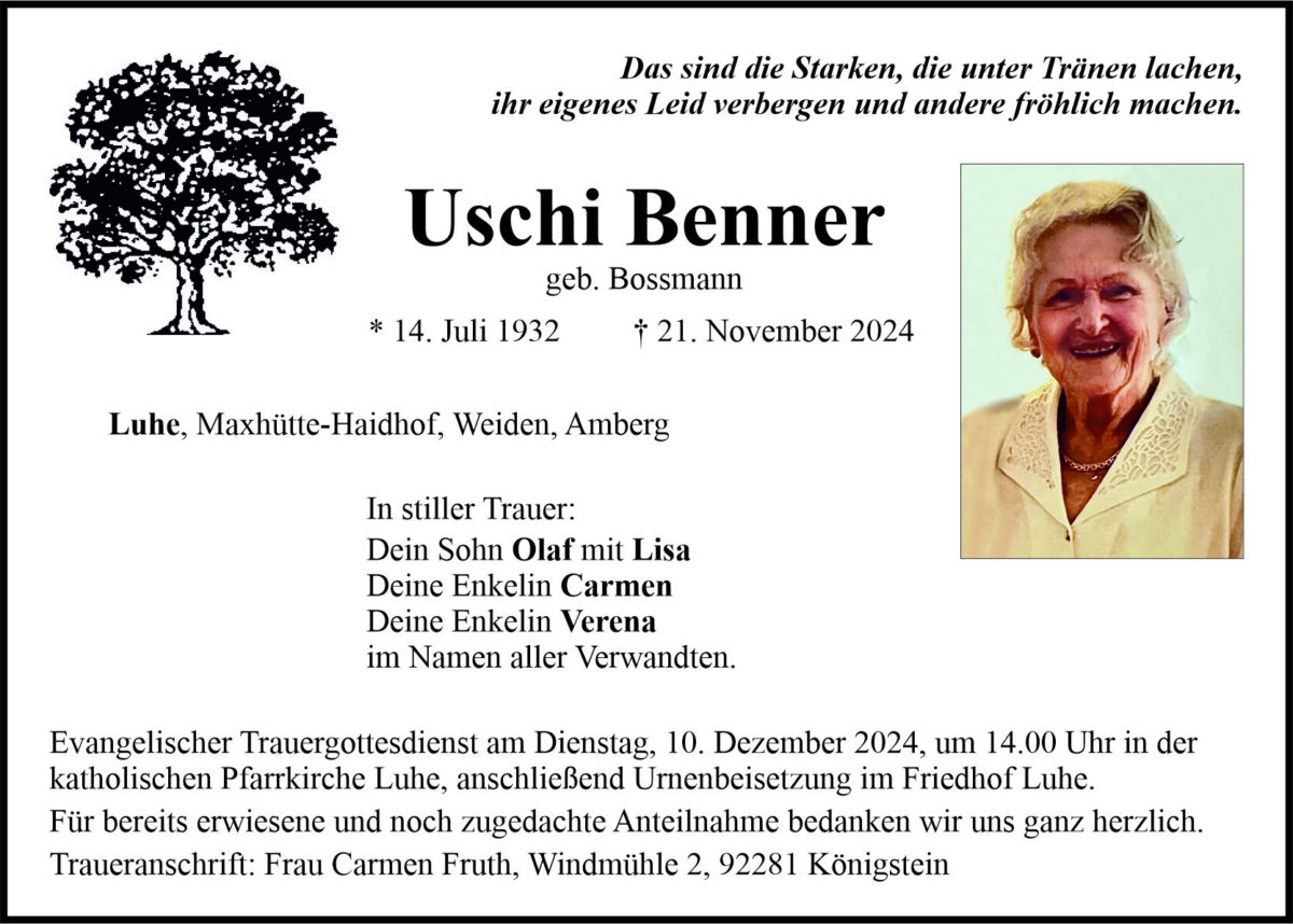 Traueranzeige Uschi Benner, Luhe