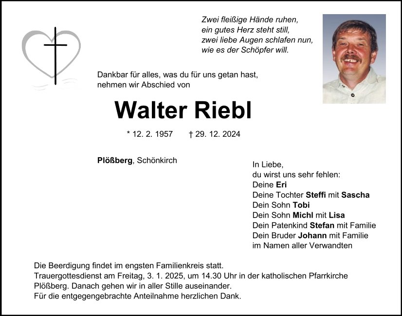 Traueranzeige Walter Riebl, Plößberg