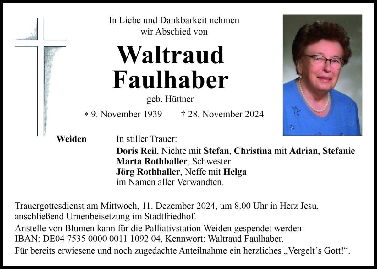 Traueranzeige Waltraud Faulhaber, Weiden