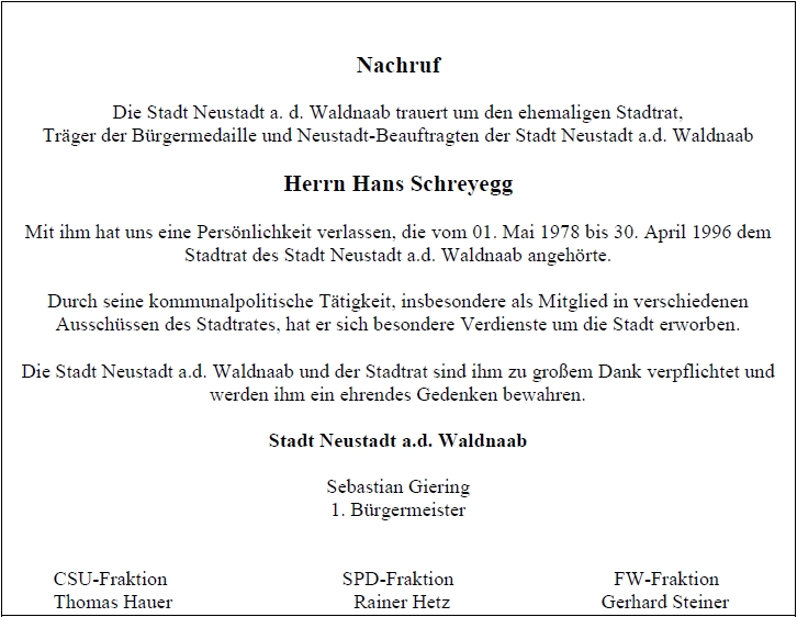 Nachruf Hans Schreyegg, Neustadt/WN