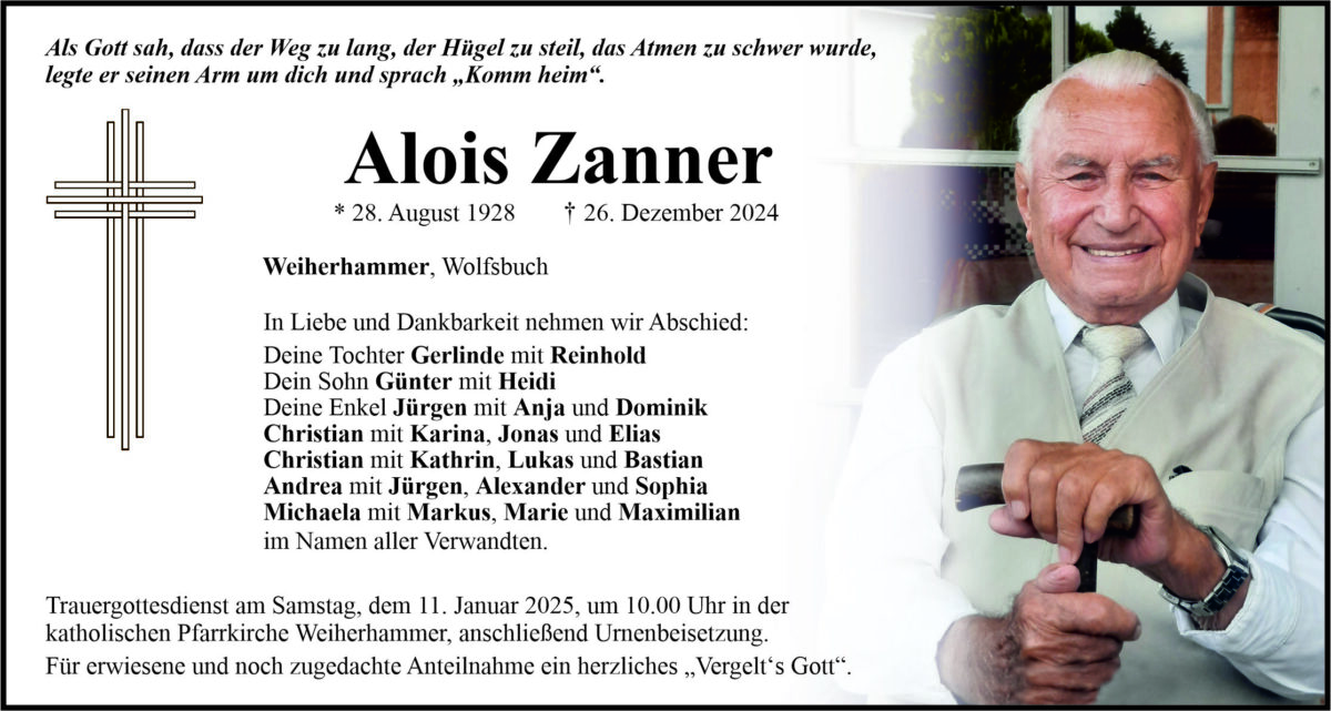 Traueranzeige Alois Zanner, Weiherhammer