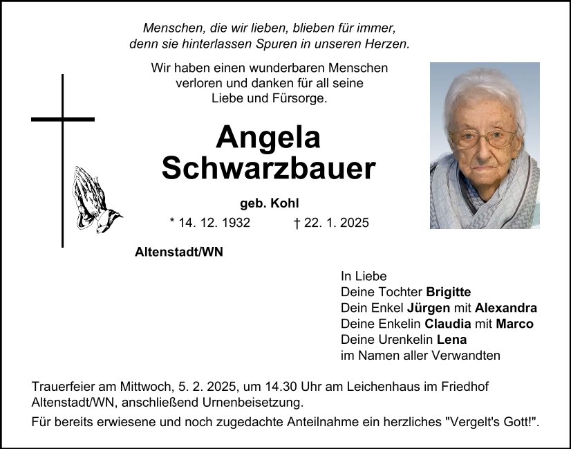 Traueranzeige Angela Schwarzbauer, Altenstadt/WN.