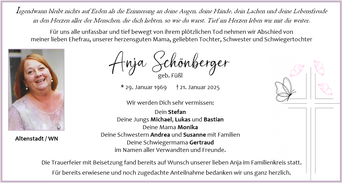 Traueranzeige Anja Schönberger, Altenstadt/WN