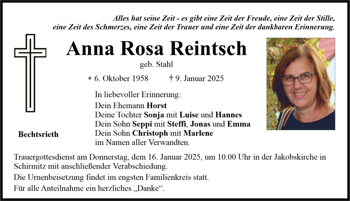 Traueranzeige Anna Rosa Reintsch, Bechtsrieth
