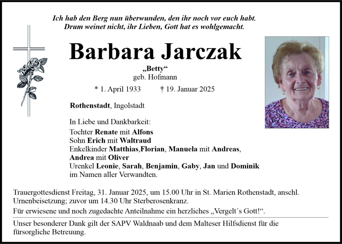 Traueranzeige Barbara Jarczak, Rothenstadt