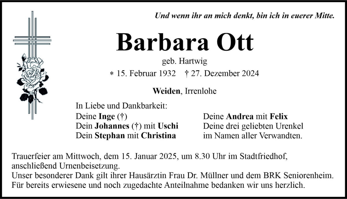 Traueranzeige Barbara Ott, Weiden