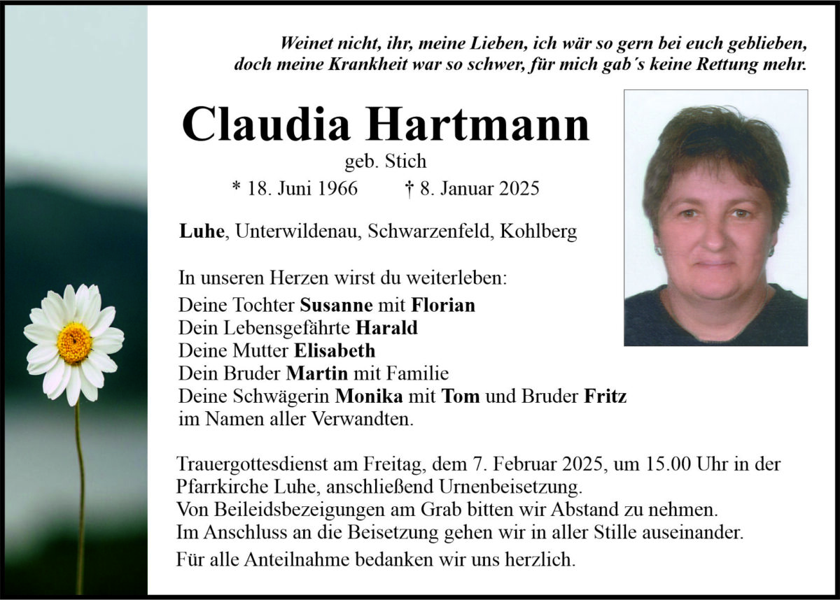 Traueranzeige Claudia Hartmann, Luhe