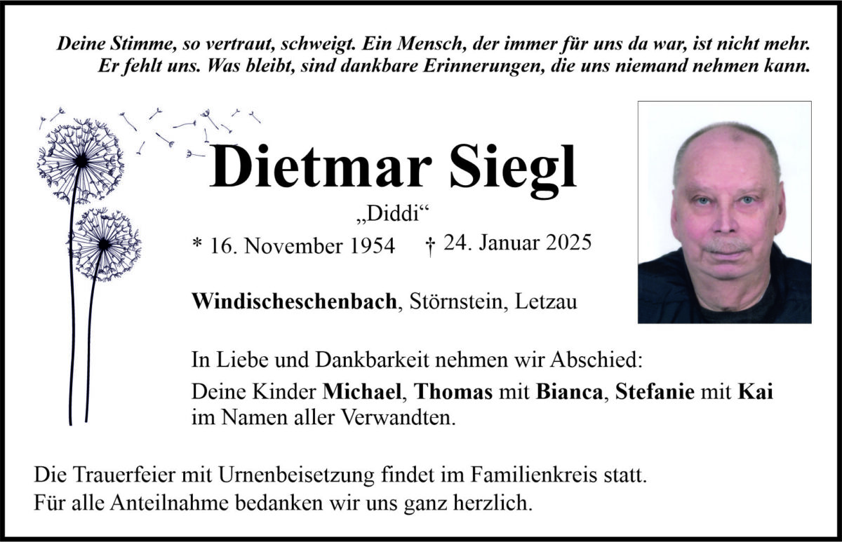 Traueranzeige Dietmar Siegl, Windischeschenbach