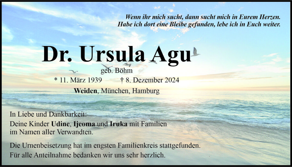 Traueranzeige Dr. Ursula Agu, Weiden