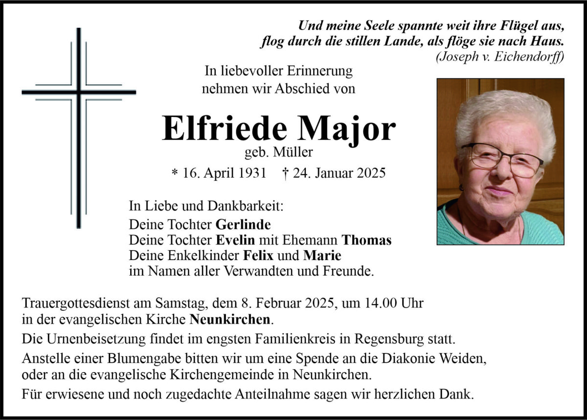 Traueranzeige Elfriede Major, Neunkirchen.