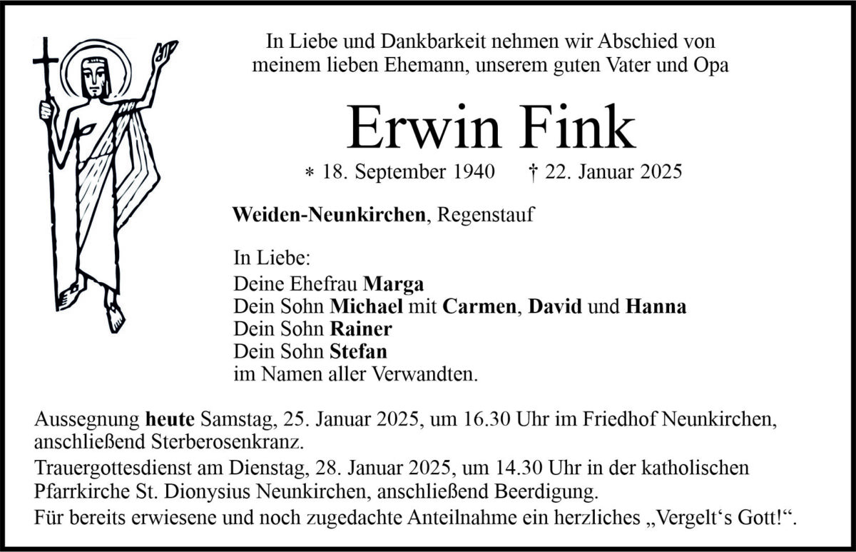 Traueranzeige Erwin Fink, Neunkirchen