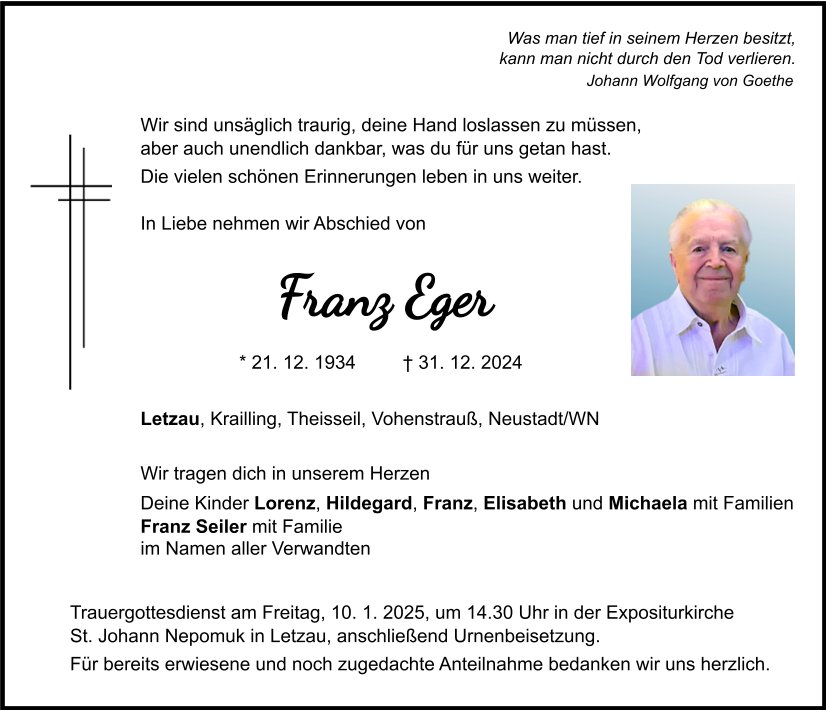 Traueranzeige Franz Eger, Letzau