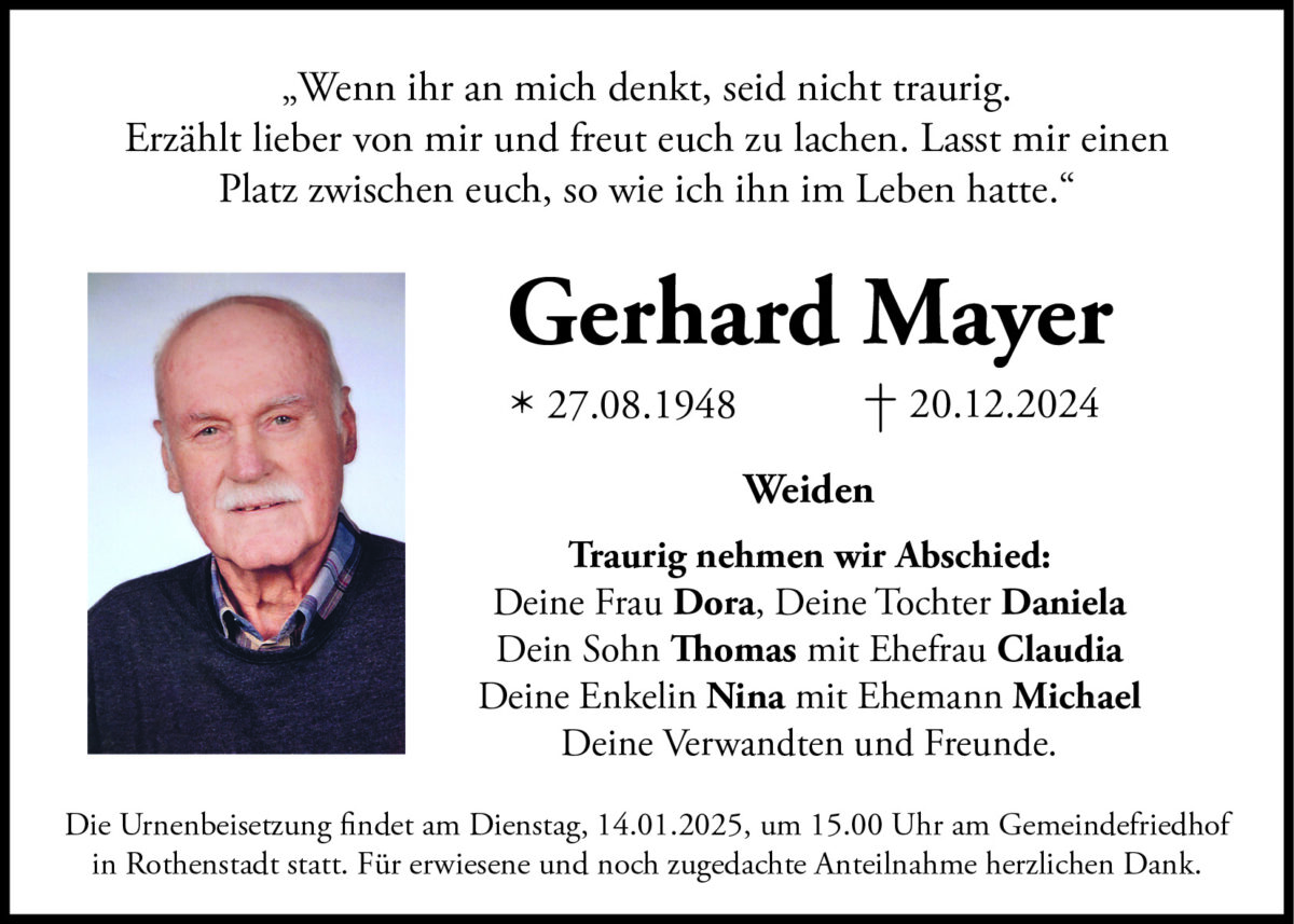Traueranzeige Gerhard Mayer, Weiden