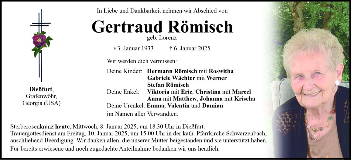 Traueranzeige Gertraud Römisch, Dießfurt