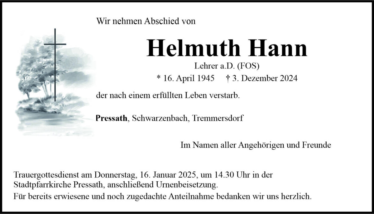 Traueranzeige Helmuth Hann, Pressath