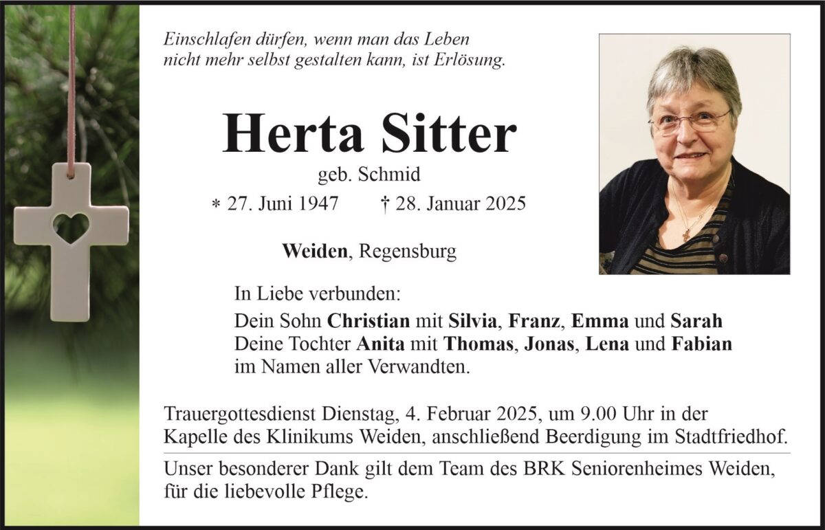 Traueranzeige Herta Sitter, Weiden