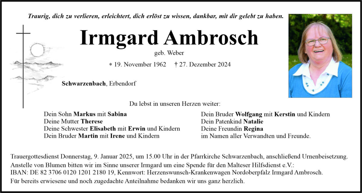 Traueranzeige Irmgard Ambrosch, Schwarzenbach