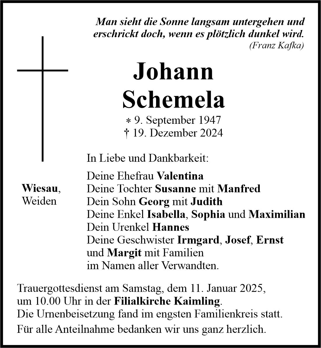 Traueranzeige Johann Schemela, Wiesau