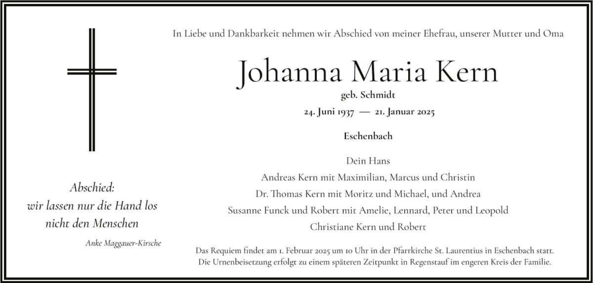 Traueranzeige Johanna Kern, Eschenbach